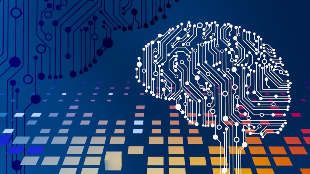 Placa de circuito com desenho de cérebro representando rede neural de inteligência artificial